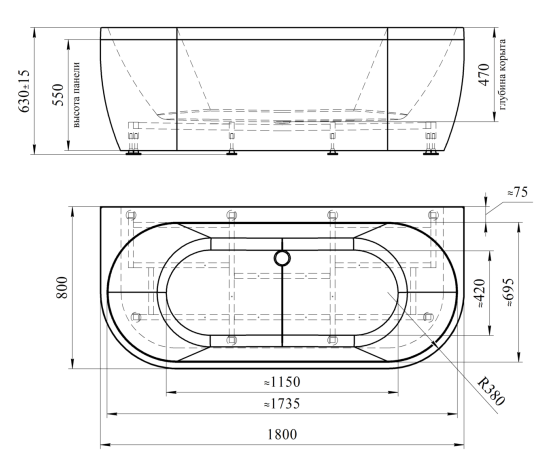 Ванна TIMO KERRI1880-SET 1800х800х630 в сборе на раме с экраном_, изображение 5