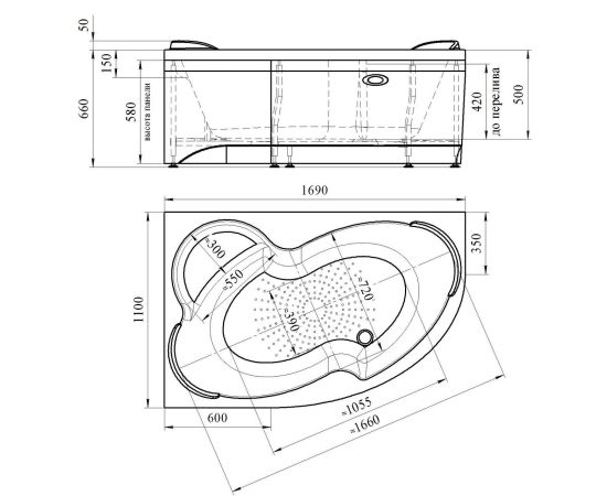 Ванна TIMO LINNA169L-SET 1690х1100х710 в сборе на раме с экраном_, изображение 5