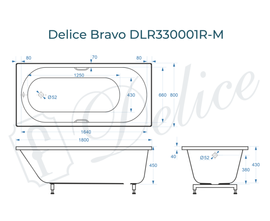 Ванна из литьевого мрамора Delice Bravo 180х80 матовая с ручками Хром DLR330001R-M_, изображение 2