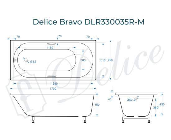 Ванна из литьевого мрамора Delice Bravo 170х75 матовая с ручками Хром DLR330035R-M_, изображение 2