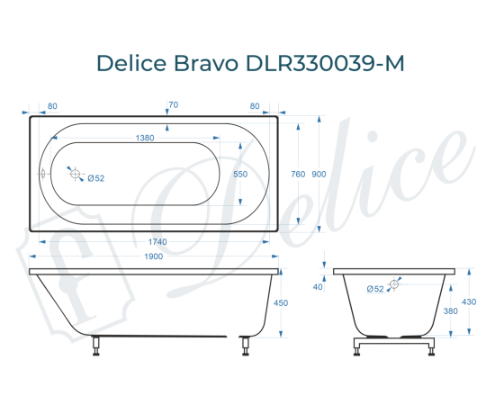 Ванна из литьевого мрамора Delice Bravo 190х90 матовая DLR330039-M_, изображение 2