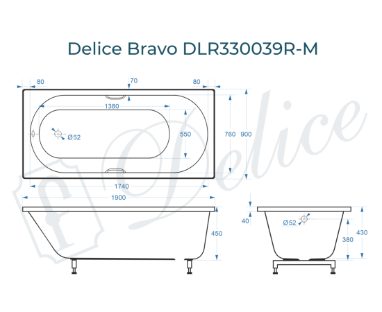 Ванна из литьевого мрамора Delice Bravo 190х90 матовая с ручками Хром DLR330039R-M_, изображение 2