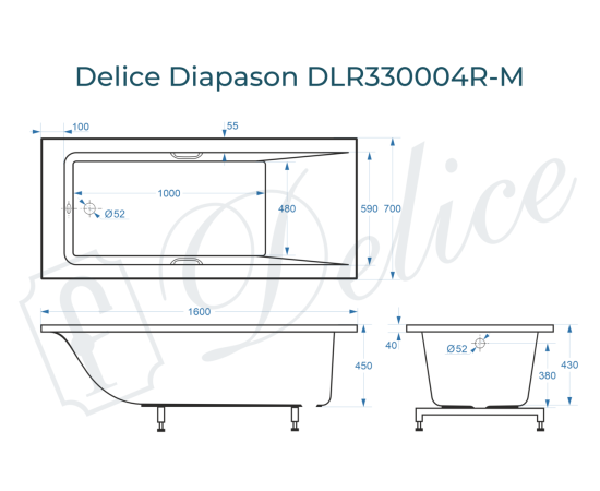 Ванна из литьевого мрамора Delice Diapason 160х70 матовая с ручками Хром DLR330004R-M_, изображение 2