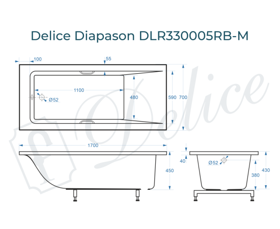 Ванна из литьевого мрамора Delice Diapason 170х70 матовая с черными ручками DLR330005RB-M_, изображение 2