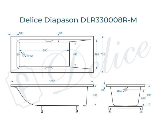 Ванна из литьевого мрамора Delice Diapason 180х70 матовая с ручками Хром DLR330008R-M_, изображение 2