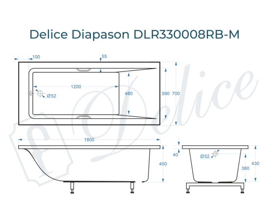 Ванна из литьевого мрамора Delice Diapason 180х70 матовая с черными ручками DLR330008RB-M_, изображение 2