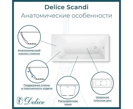 Ванна из литьевого мрамора Delice Scandi 170х80 глянцевая с ручками Хром DLR330027R-G_, изображение 2