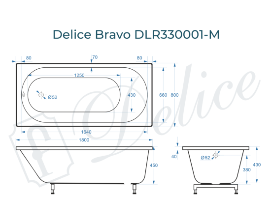 Ванна из литьевого мрамора Delice Bravo 180х80 матовая DLR330001-M_, изображение 3