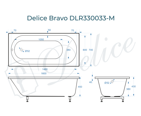 Ванна из литьевого мрамора Delice Bravo 160х70 матовая DLR330033-M_, изображение 3