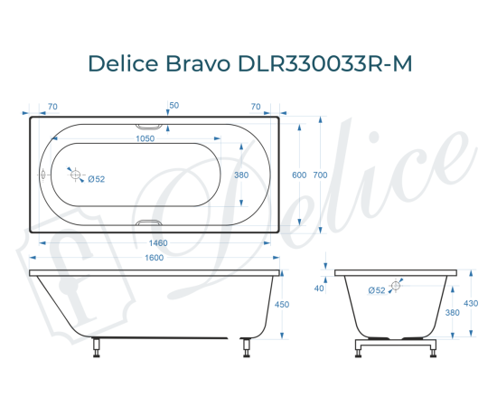 Ванна из литьевого мрамора Delice Bravo 160х70 матовая с ручками Хром DLR330033R-M_, изображение 2