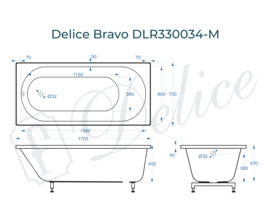 Ванна из литьевого мрамора Delice Bravo 170х70 матовая DLR330034-M_, изображение 2