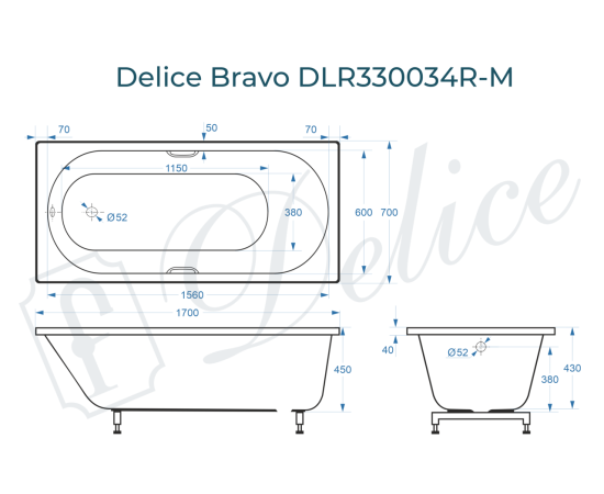 Ванна из литьевого мрамора Delice Bravo 170х70 матовая с ручками Хром DLR330034R-M_, изображение 3