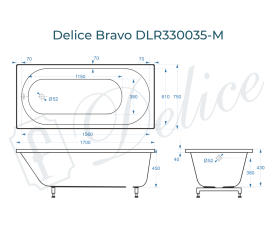 Ванна из литьевого мрамора Delice Bravo 180х75 матовая DLR330038-M_, изображение 3