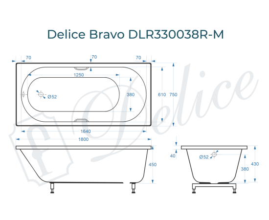 Ванна из литьевого мрамора Delice Bravo 180х75 матовая с ручками Хром DLR330038R-M_, изображение 3