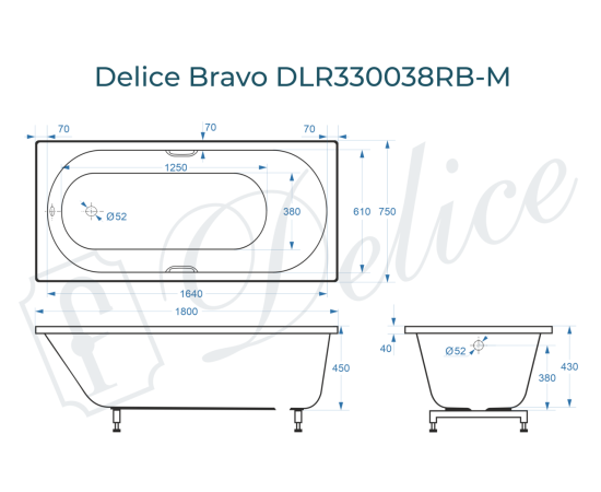 Ванна из литьевого мрамора Delice Bravo 180х75 матовая с черными ручками DLR330038RB-M_, изображение 3