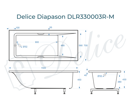 Ванна из литьевого мрамора Delice Diapason 150х70 матовая с ручками Хром DLR330003R-M_, изображение 3