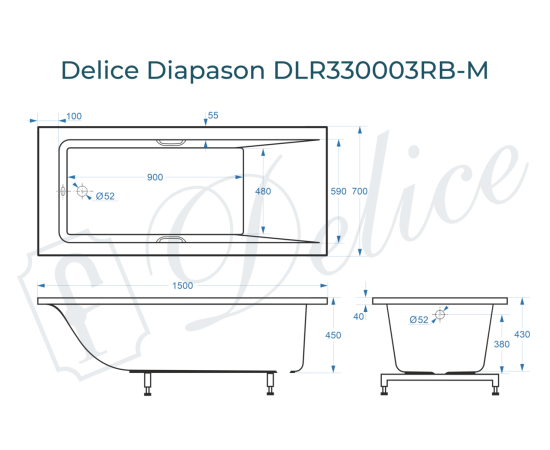 Ванна из литьевого мрамора Delice Diapason 150х70 матовая с черными ручками DLR330003RB-M_, изображение 3