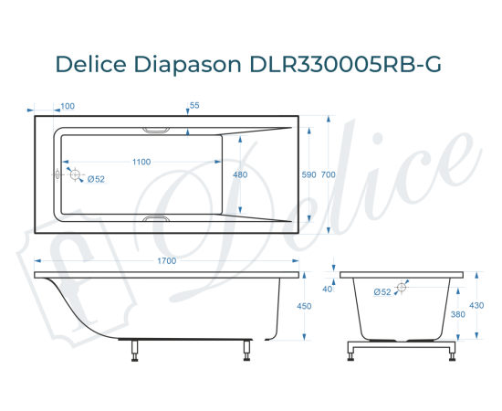 Ванна из литьевого мрамора Delice Diapason 170х70 глянцевая с черными ручками DLR330005RB-G_, изображение 2