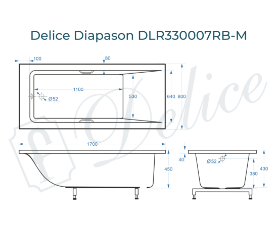 Ванна из литьевого мрамора Delice Diapason 170х80 матовая с черными ручками DLR330007RB-M_, изображение 3