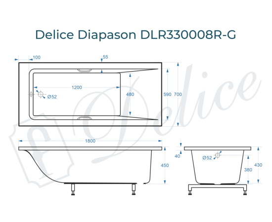 Ванна из литьевого мрамора Delice Diapason 180х70 глянцевая с ручками Хром DLR330008R-G_, изображение 2