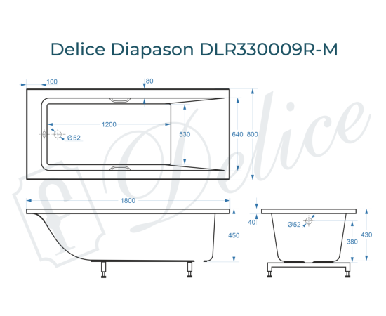 Ванна из литьевого мрамора Delice Diapason 180х80 матовая с ручками Хром DLR330009R-M_, изображение 3