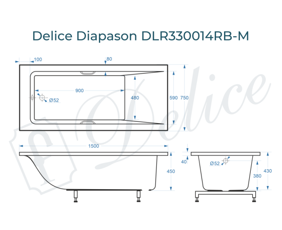 Ванна из литьевого мрамора Delice Diapason 150х75 матовая с черными ручками DLR330014RB-M_, изображение 3