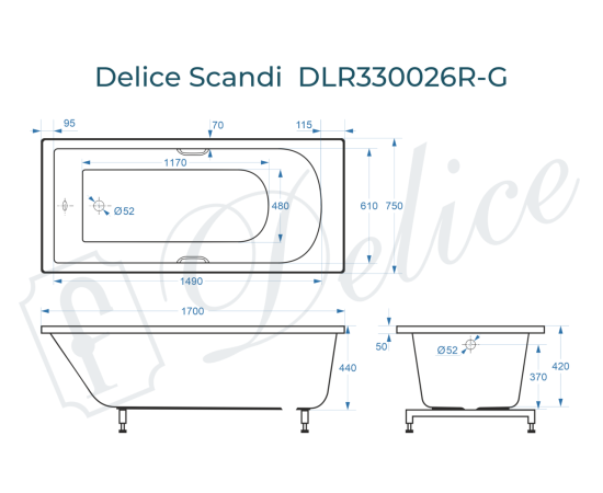 Ванна из литьевого мрамора Delice Scandi 170х75 глянцевая с ручками Хром DLR330026R-G_, изображение 4
