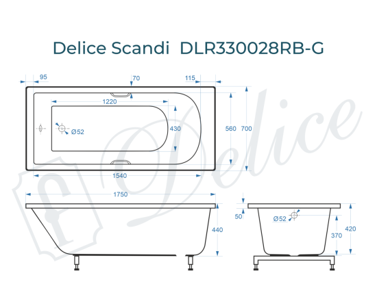 Ванна из литьевого мрамора Delice Scandi 175х70 глянцевая с черными ручками DLR330028RB-G_, изображение 4