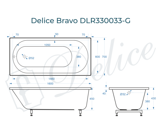 Ванна из литьевого мрамора Delice Bravo 160х70 глянцевая DLR330033-G_, изображение 2