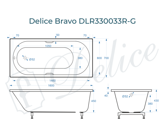 Ванна из литьевого мрамора Delice Bravo 160х70 глянцевая с ручками Хром DLR330033R-G_, изображение 2