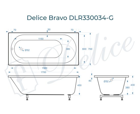 Ванна из литьевого мрамора Delice Bravo 170х70 глянцевая DLR330034-G_, изображение 2