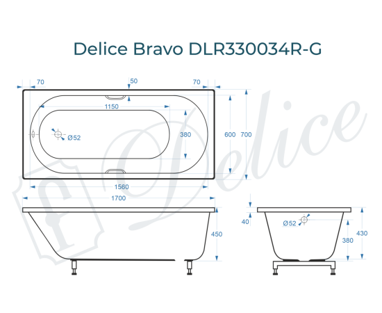 Ванна из литьевого мрамора Delice Bravo 170х70 глянцевая с ручками Хром DLR330034R-G_, изображение 2