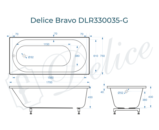 Ванна из литьевого мрамора Delice Bravo 170х75 глянцевая DLR330035-G_, изображение 2