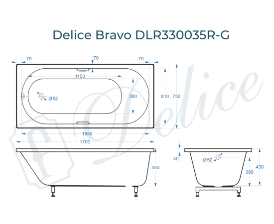 Ванна из литьевого мрамора Delice Bravo 170х75 глянцевая с ручками Хром DLR330035R-G_, изображение 3