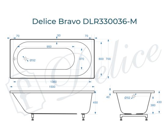 Ванна из литьевого мрамора Delice Bravo 150х70 матовая DLR330036-M_, изображение 5