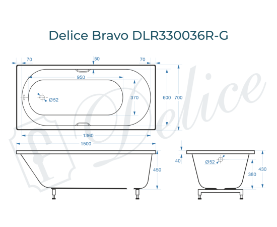 Ванна из литьевого мрамора Delice Bravo 150х70 глянцевая с ручками Хром DLR330036R-G_, изображение 3