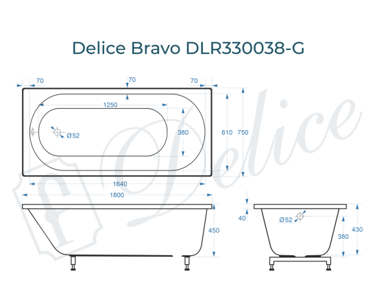 Ванна из литьевого мрамора Delice Bravo 180х75 глянцевая DLR330038-G_, изображение 2
