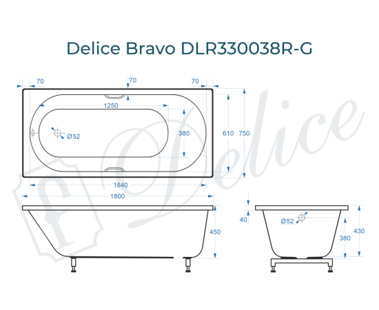 Ванна из литьевого мрамора Delice Bravo 180х75 глянцевая с ручками Хром DLR330038R-G_, изображение 2