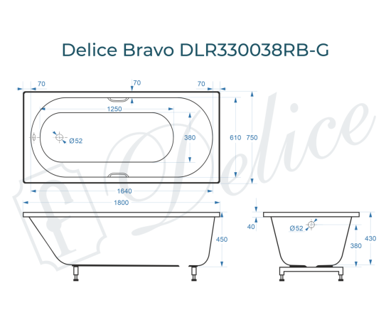 Ванна из литьевого мрамора Delice Bravo 180х75 глянцевая с черными ручками DLR330038RB-G_, изображение 2