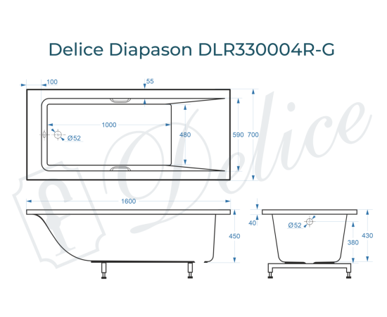 Ванна из литьевого мрамора Delice Diapason 160х70 глянцевая с ручками Хром DLR330004R-G_, изображение 3