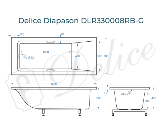 Ванна из литьевого мрамора Delice Diapason 180х70 глянцевая с черными ручками DLR330008RB-G_, изображение 3
