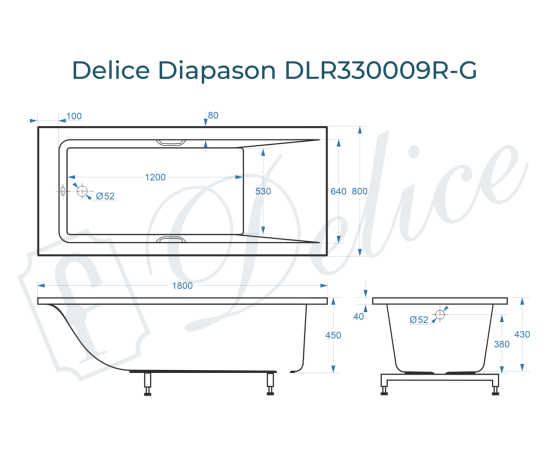 Ванна из литьевого мрамора Delice Diapason 180х80 глянцевая с ручками Хром DLR330009R-G_, изображение 3