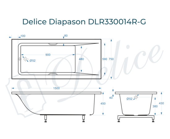 Ванна из литьевого мрамора Delice Diapason 150х75 глянцевая с ручками Хром DLR330014R-G_, изображение 3