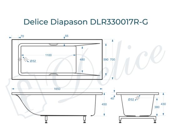 Ванна из литьевого мрамора Delice Diapason 165х70 глянцевая с ручками Хром DLR330017R-G_, изображение 2