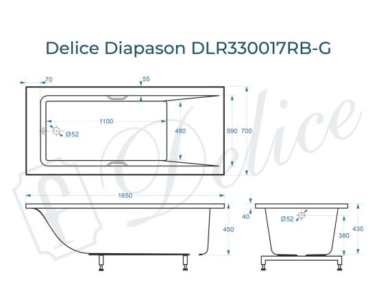 Ванна из литьевого мрамора Delice Diapason 165х70 глянцевая с черными ручками DLR330017RB-G_, изображение 2