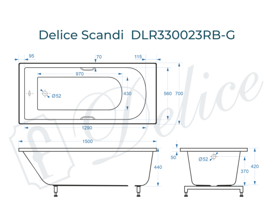Ванна из литьевого мрамора Delice Scandi 150х70 глянцевая с черными ручками DLR330023RB-G_, изображение 3