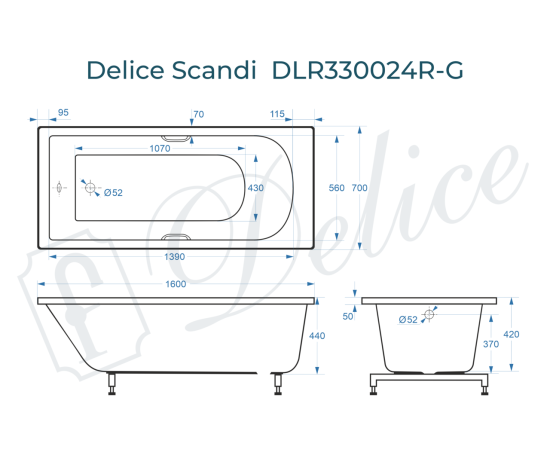Ванна из литьевого мрамора Delice Scandi 160х70 глянцевая с ручками Хром DLR330024R-G_, изображение 5