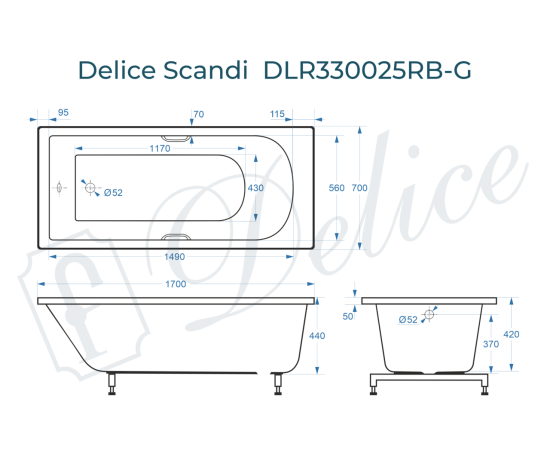 Ванна из литьевого мрамора Delice Scandi 170х70 глянцевая с черными ручками DLR330025RB-G_, изображение 5
