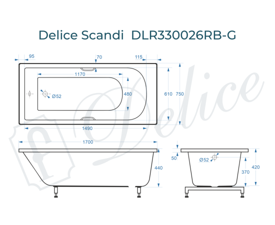 Ванна из литьевого мрамора Delice Scandi 170х75 глянцевая с черными ручками DLR330026RB-G_, изображение 5