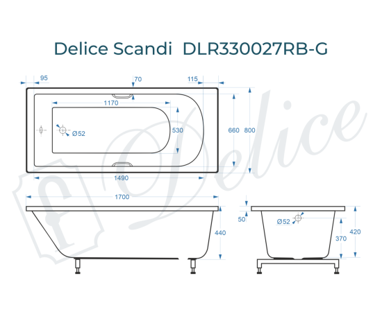 Ванна из литьевого мрамора Delice Scandi 170х80 глянцевая с черными ручками DLR330027RB-G_, изображение 5